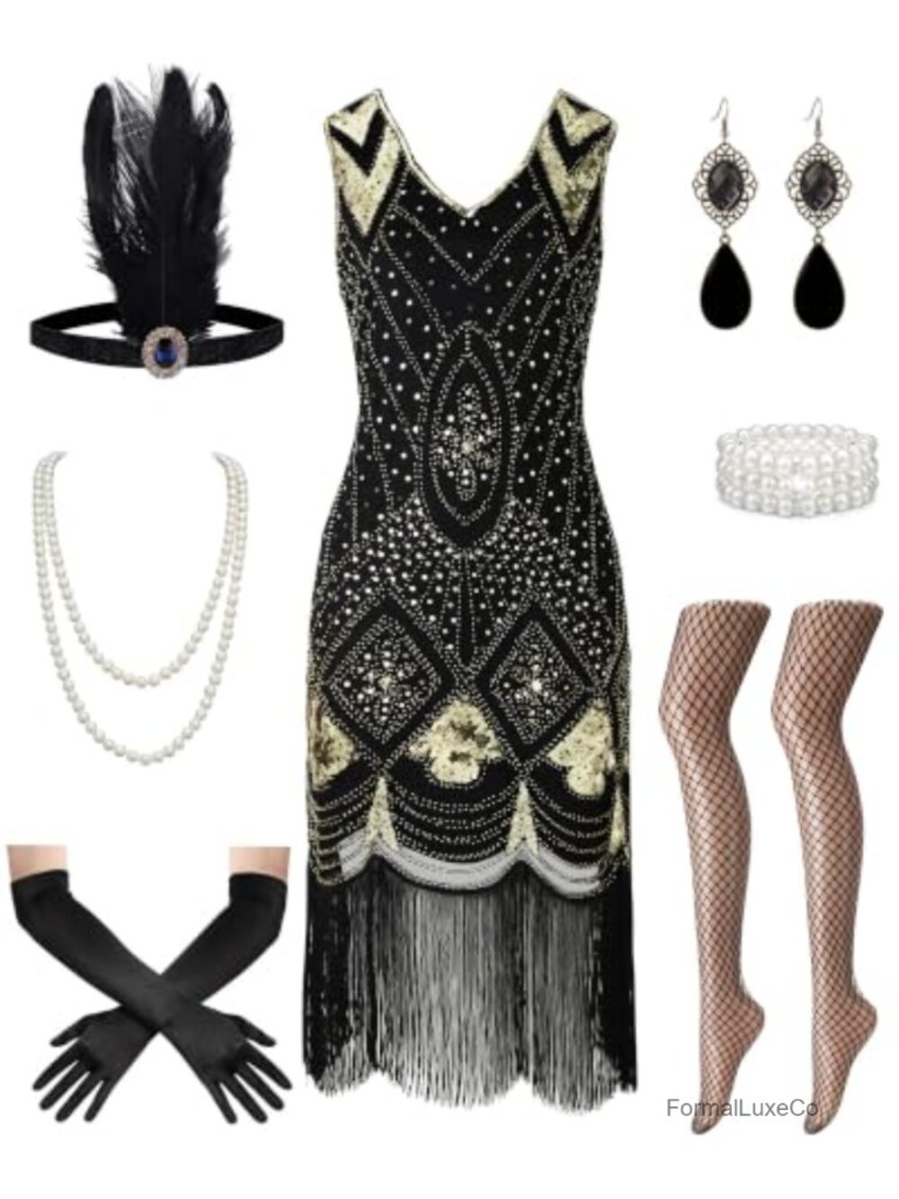 1920s Flapper Costume Set Sequin Fringe Dress with Accessories